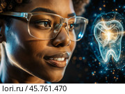 New digital artificial intelligence technologies in dental prosthetics. Implants. A black female dentist with a perfect smile and digital dental graphics on a virtual screen. The concept of dental health and dental care. Стоковое AI-изображение, AI-художник Photojuli / Фотобанк Лори