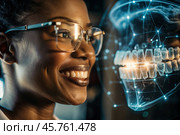 New digital artificial intelligence technologies in dental prosthetics. Implants. A black female dentist with a perfect smile and digital dental graphics on a virtual screen. The concept of dental health and dental care. Стоковое AI-изображение, AI-художник Photojuli / Фотобанк Лори