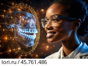 New digital artificial intelligence technologies in dental prosthetics. Implants. A black female dentist with a perfect smile and digital dental graphics on a virtual screen. The concept of dental health and dental care. Стоковое AI-изображение, AI-художник Photojuli / Фотобанк Лори