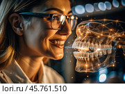 New digital artificial intelligence technologies in dental prosthetics. Implants. A female dentist with a perfect smile and digital dental graphics on a virtual screen. The concept of dental health and dental care. Стоковое AI-изображение, AI-художник Photojuli / Фотобанк Лори