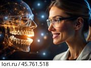New digital artificial intelligence technologies in dental prosthetics. Implants. A female dentist with a perfect smile and digital dental graphics on a virtual screen. The concept of dental health and dental care. Стоковое AI-изображение, AI-художник Photojuli / Фотобанк Лори