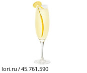 French 75 cocktail, pale golden liquid, long lemon peel, effervescent bubbles, tall flute, splashy pour, Jazz Age elegance. Стоковое AI-изображение, AI-художник svetograph / Фотобанк Лори