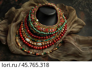 Colorful beaded necklaces resting on delicate fabric, embracing bohemian style. Стоковое AI-изображение, AI-художник Иван Рябоконь / Фотобанк Лори