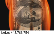 USA dollar bill money is burning in the fire, the concept of the economic crisis of inflation and currency devaluation. Стоковое видео, видеограф Андрей Армягов / Фотобанк Лори