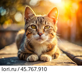 A tabby cat basks in warm sunlight, lying comfortably on an outdoor surface with a calm, attentive expression, capturing a serene and natural momentA tabby cat basks in warm sunlight, lying comfortably on an outdoor surface with a calm, attentive expression, capturing a serene and natural moment. Стоковое AI-изображение, AI-художник Ольга Игнашина / Фотобанк Лори
