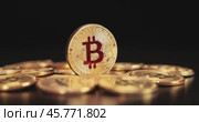 Gold Bit Coin BTC Cryptocurrency Coins on a black background. Bitcoin is a worldwide cryptocurrency and digital payment system called the first decentralized digital currency. Стоковое видео, видеограф Андрей Армягов / Фотобанк Лори