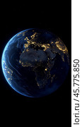 View of Earth from space showcasing city lights and cloud formations at night. Стоковое AI-изображение, AI-художник Юлия Гапеенко / Фотобанк Лори