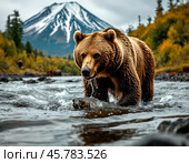 Brown bear hunts salmon in a taiga river, which goes to spawn. Стоковое AI-изображение, AI-художник Сергей Елизарьев / Фотобанк Лори