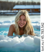 A beautiful girl takes a dip in an ice hole. Epiphany bathing is a tradition associated with the feast of the Epiphany of the Lord, which the Orthodox world celebrates on January 19. Стоковое AI-изображение, AI-художник Сергей Елизарьев / Фотобанк Лори