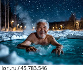 An elderly man takes a dip in an ice hole. Epiphany bathing is a tradition associated with the feast of the Epiphany of the Lord, which the Orthodox world celebrates on January 19. Стоковое AI-изображение, AI-художник Сергей Елизарьев / Фотобанк Лори