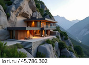 Modern resort, staggering and embedded into the side of a mountain. Стоковое AI-изображение, AI-художник Галина Эмберг / Фотобанк Лори