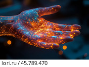 Enchanted hand releasing glowing particles in a mystical setting during nighttime. Стоковое AI-изображение, AI-художник Юлия Гапеенко / Фотобанк Лори