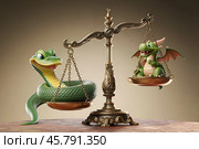The symbol of 2025, the green snake, and the symbol of the outgoing 2024, the dragon, on old vintage scales find out who is more important. Стоковое AI-изображение, AI-художник Сергей Комаров / Фотобанк Лори