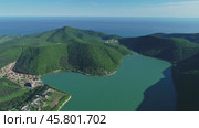 Aerial view of mountain lake Abrau in Russia. Стоковое видео, видеограф Михаил Коханчиков / Фотобанк Лори