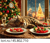 Новый год. Праздник. Сытый котик сладко спит на праздничном столе среди красной икры. Стоковое AI-изображение, AI-художник Елена Рассоха / Фотобанк Лори