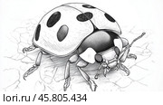 Ladybug walking on dry ground, detailed black and white drawing. Стоковое AI-изображение, AI-художник Юрий Поздников / Фотобанк Лори