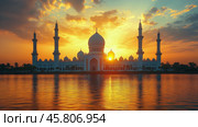 Sunset over a grand mosque with vibrant clouds in the sky. Стоковое AI-изображение, AI-художник Юлия Гапеенко / Фотобанк Лори