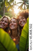 Friends celebrate summer getaway in lush tropical setting with laughter and smiles amidst vibrant greenery. Tropics are climatic zones of Earth in which Sun is at its zenith at least once year. AI. Стоковое AI-изображение, AI-художник Юлия Петровская / Фотобанк Лори
