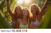 Friends celebrate summer getaway in lush tropical setting with laughter and smiles amidst vibrant greenery. Tropics are climatic zones of Earth in which Sun is at its zenith at least once year. AI. Стоковое AI-изображение, AI-художник Юлия Петровская / Фотобанк Лори