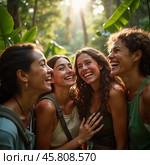 Friends celebrate summer getaway in lush tropical setting with laughter and smiles amidst vibrant greenery. Tropics are climatic zones of Earth in which Sun is at its zenith at least once year. AI. Стоковое AI-изображение, AI-художник Юлия Петровская / Фотобанк Лори