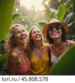 Friends celebrate summer getaway in lush tropical setting with laughter and smiles amidst vibrant greenery. Tropics are climatic zones of Earth in which Sun is at its zenith at least once year. AI. Стоковое AI-изображение, AI-художник Юлия Петровская / Фотобанк Лори