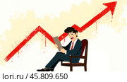 Cartoon man shocked by rising expenses chart showing financial burden due to economic growth. Стоковое AI-изображение, AI-художник Павел Муравьев / Фотобанк Лори