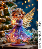 Little angel with a star near the Christmas tree. Christmas Eve is the day before the birth of Christ. Christmas Eve falls on January 6 (December 24). Christmas card. Стоковое AI-изображение, AI-художник Сергей Елизарьев / Фотобанк Лори
