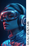 Futuristic woman wearing high-tech goggles and headphones in blue lighting. Стоковое AI-изображение, AI-художник Юлия Гапеенко / Фотобанк Лори