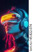 Futuristic woman wearing high-tech goggles and headphones in blue lighting. Стоковое AI-изображение, AI-художник Юлия Гапеенко / Фотобанк Лори