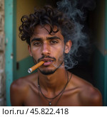 A young man residing in Cuba smokes a cigar while looking directly at the viewer, showcasing a unique hairstyle and a calm demeanor in a vibrant environment. Generative AI. Стоковое AI-изображение, AI-художник Юлия Петровская / Фотобанк Лори