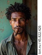 A young man residing in Cuba smokes a cigar while looking directly at the viewer, showcasing a unique hairstyle and a calm demeanor in a vibrant environment. Generative AI. Стоковое AI-изображение, AI-художник Юлия Петровская / Фотобанк Лори