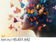 Woman envisioning a vibrant world of butterflies in a dreamlike atmosphere. Стоковое AI-изображение, AI-художник Юлия Гапеенко / Фотобанк Лори