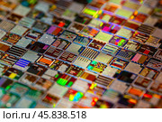 Silicon semiconductor wafer close-up. In electronics, a wafer also called a slice or substrate is a thin slice of semiconductor, a crystalline silicon, used for the fabrication of integrated circuits. Стоковое фото, фотограф Андрей Армягов / Фотобанк Лори