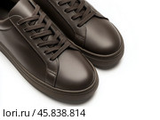 Dark brown leather lace-up running shoes with low tops, thick soles. The laces and black rubber outsole. Sporty look. Men to wear during outdoor activities, hiking. Brown shoes. Trendy Male Boots Pair. Стоковое AI-изображение, AI-художник Марина Демидюк / Фотобанк Лори