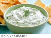 Traditional Greek Tzatziki dip sauce made with cucumber sour cream. Yogurt sauce with dill, lemon juice, olive oil. Served with toasted Za'atar Pita bread. Top view. Tarator, cacik or tartar. Стоковое AI-изображение, AI-художник Марина Демидюк / Фотобанк Лори