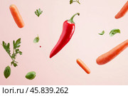 Various colorful vegetables falling at pale pink background. Flying veggie on a plain pastel color backdrop. Healthy food. Detox and dieting concept. Fresh carrot, pepper, broccoli, tomato levitating. Стоковое AI-изображение, AI-художник Марина Демидюк / Фотобанк Лори