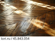 Sunlight illuminating herringbone patterned hardwood floor. Стоковое AI-изображение, AI-художник Иван Рябоконь / Фотобанк Лори