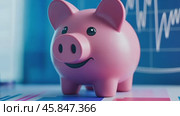Piggy Bank is on a Financial Chart background, symbolizing savings management. Cheerful pink piggy bank on a blue economy diagram, growing graph. Wealth, profit, investment concept. Save money idea. Стоковое AI-видео, аниматор Марина Демидюк / Фотобанк Лори
