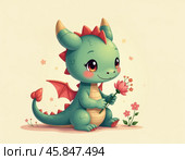 Милый дракончик с цветком, Очаровательный сказочный дракон, Дракончик дарит любовь, Чудесный дракон, сидящий на земле, Маленький дракончик, дарящий радость. Стоковое AI-изображение, AI-художник Сергей Расторгуев / Фотобанк Лори
