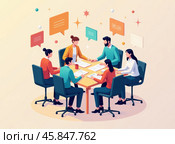 Team Meeting Illustration, Collaborative Discussion, Business Meeting, Teamwork and Communication, Group Brainstorming Session, Isometric Meeting, Flat Design Meeting, Team Discussion with Speech Bubbles, Business Collaboration, Creative Meeting. Стоковое AI-изображение, AI-художник Сергей Расторгуев / Фотобанк Лори