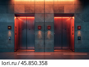Two empty elevators illuminated by red light in modern building. Стоковое AI-изображение, AI-художник Иван Рябоконь / Фотобанк Лори