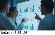 Scientists Analyze Data Trends in a Laboratory Setting During an Evening Research Meeting Discussing Important Findings. Стоковое AI-видео, аниматор Sergey Grishin / Фотобанк Лори