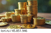 Stacks of Golden Coins Shining in Sunlight Create an Inviting Scene Showcasing Wealth and Prosperity in a Natural Setting. Стоковое AI-видео, аниматор Sergey Grishin / Фотобанк Лори