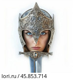 Medieval woman warrior wearing helmet and holding sword. Стоковое AI-изображение, AI-художник Иван Рябоконь / Фотобанк Лори