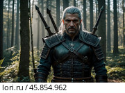 A witcher with weapons and armor on a forest background. Стоковое AI-изображение, AI-художник Александр Поташев / Фотобанк Лори