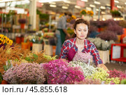 Middle-aged saleswoman holding bouquet of dry flowers in plants market. Стоковое фото, фотограф Яков Филимонов / Фотобанк Лори
