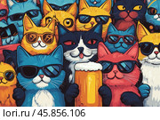 Калейдоскоп кошачьих мордочек, шляп и солнцезащитных очков! Мультяшная граффити-иллюстрация в стиле дудл изображает множество кошек, наслаждающихся пивом в шумной компании. Стоковое AI-изображение, AI-художник Ярославский Максим / Фотобанк Лори