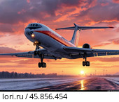Tu-134 taking off against the setting sun. It is one of the most mass-produced passenger aircraft in the Soviet Union. Стоковое AI-изображение, AI-художник Сергей Елизарьев / Фотобанк Лори
