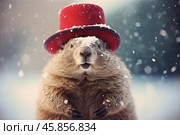 Groundhog wearing red top hat during snowfall predicts early spring. Стоковое AI-изображение, AI-художник Иван Рябоконь / Фотобанк Лори