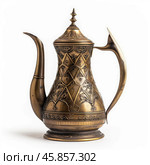 Ornate brass coffee pot showing arabic culture and hospitality. Стоковое AI-изображение, AI-художник Иван Рябоконь / Фотобанк Лори